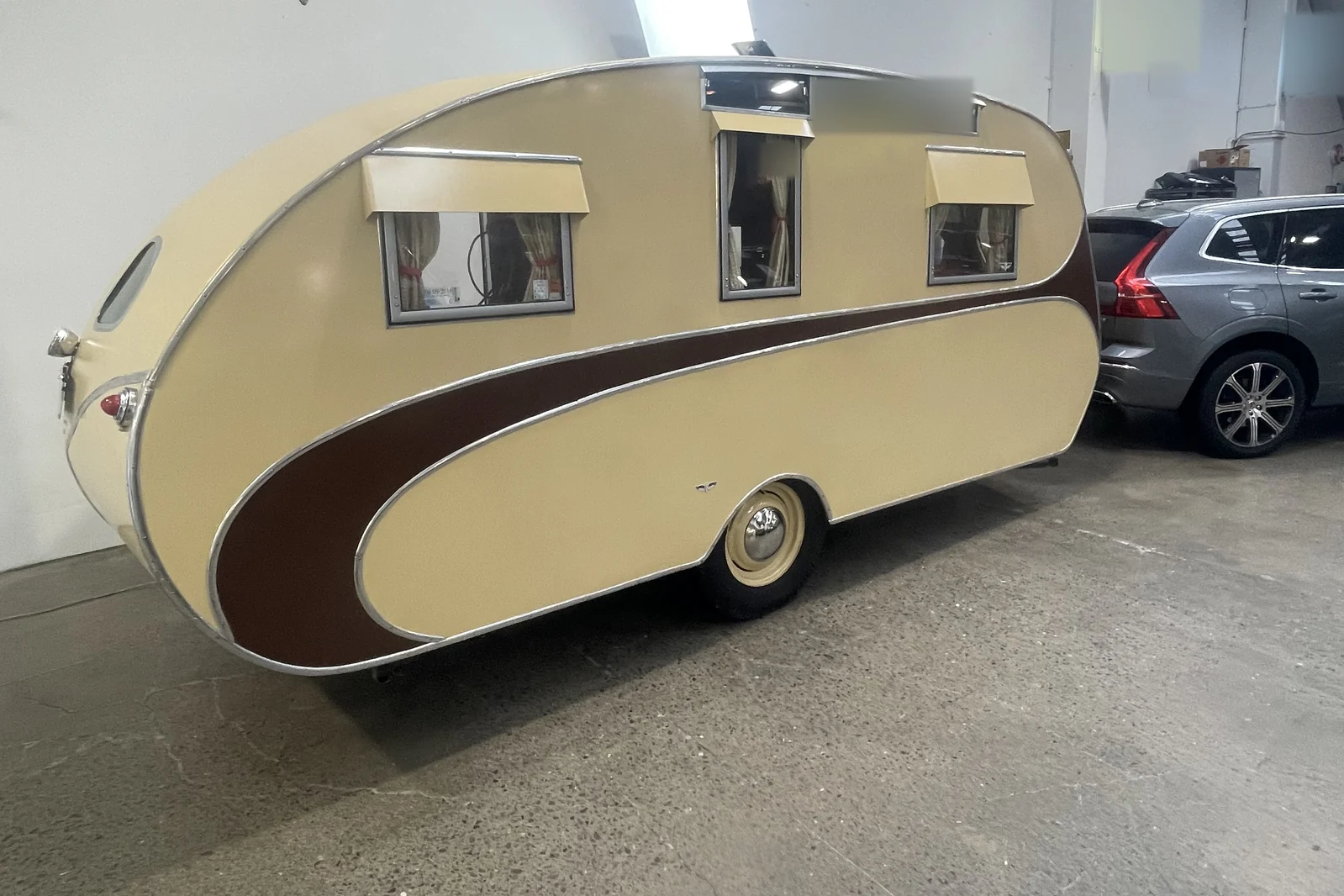 Cream and brown vintage caravan